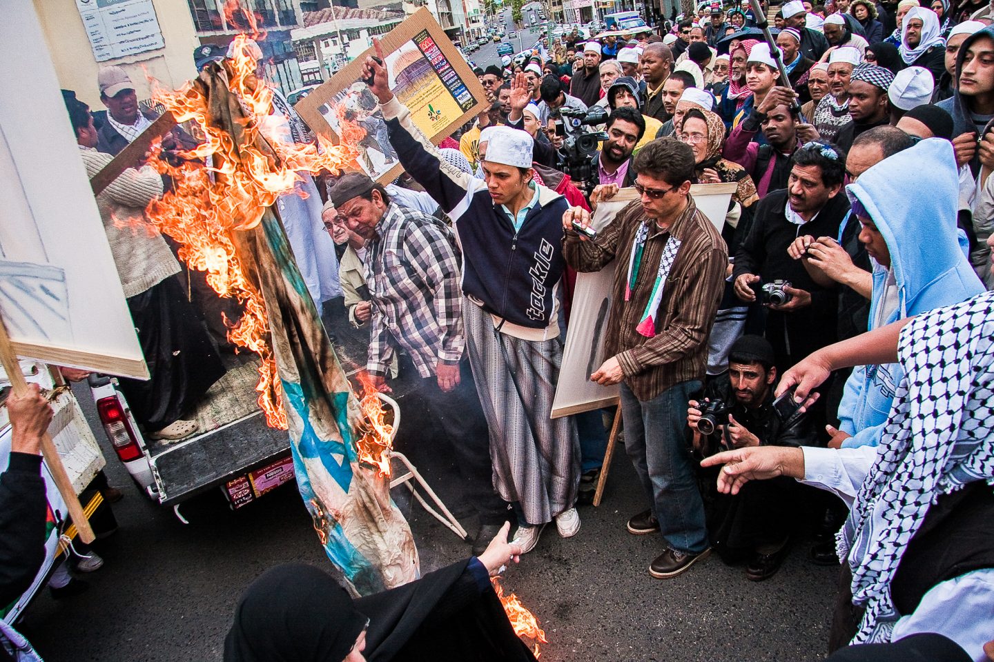 The burning of an Israeli flag at the Cape Town Al Quds solidarity march.